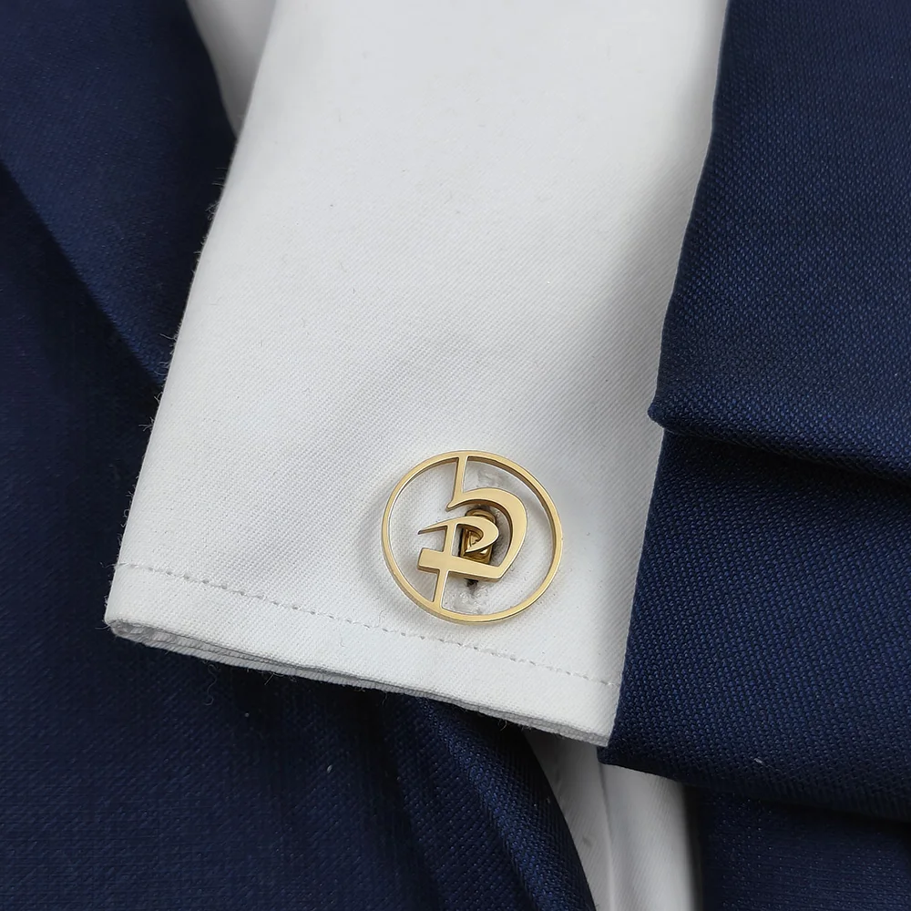 Cufflinks 316L Stainless Steel 18K Gold Plated Round Frame Hebrew Letter Symbol Design Mens Shirt Cuff Links Wedding Business