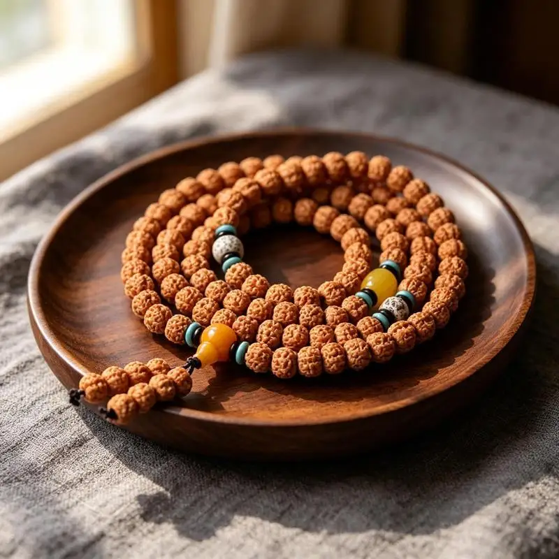 108 Seeds Of Small 5-Petal Rudraksha Paired With Moon Bodhi Beads Hand-Held Use