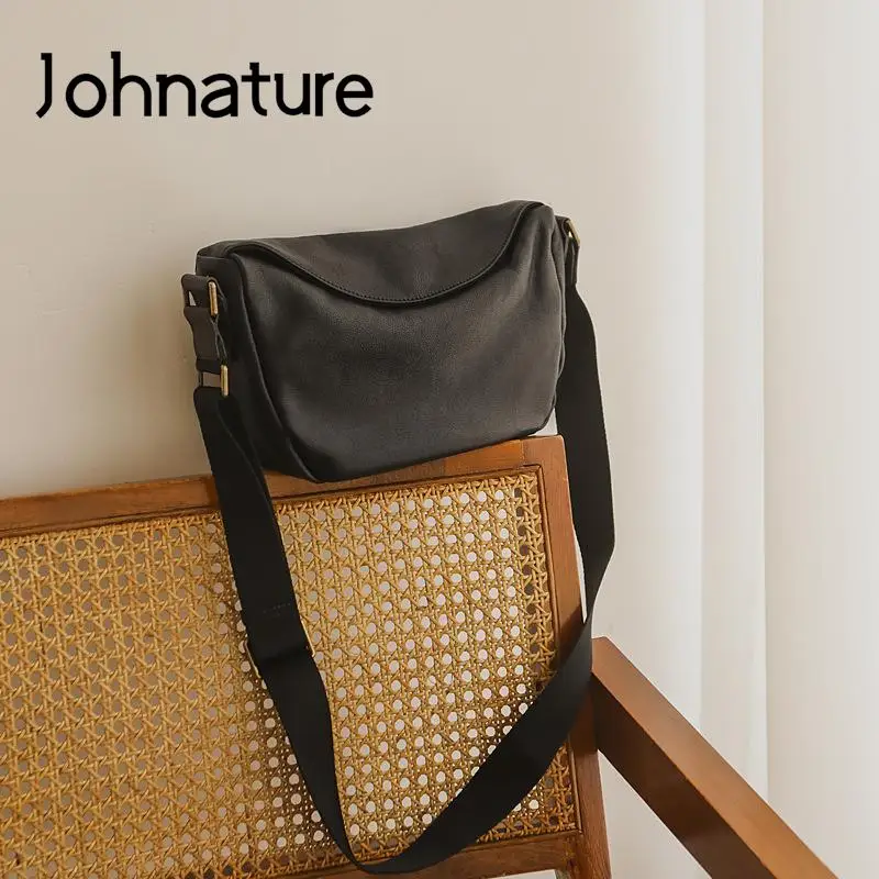 Johnature Simple Solid Color Hobos Genuine Leather Women Bag 2024 New Natural Soft Real Cowhide Casual Shoulder & Crossbody Bags