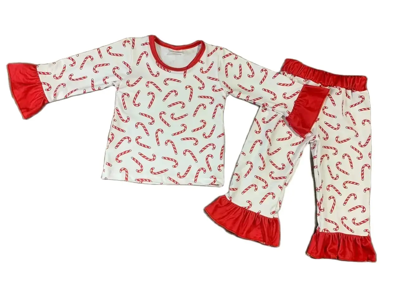 

Boutique Hot Selling Santa Girls Pajamas Set Red Flared Long Sleeve Pants Wholesale Children's Fashion Holiday Sets