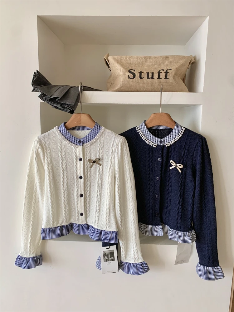 الحلو Preppy أعلى المرأة الخريف الشتاء القوس وهمية قطعتين اللون كتلة متماسكة سترة التلبيب زر تصميم الرجعية شيك أنيق الزي