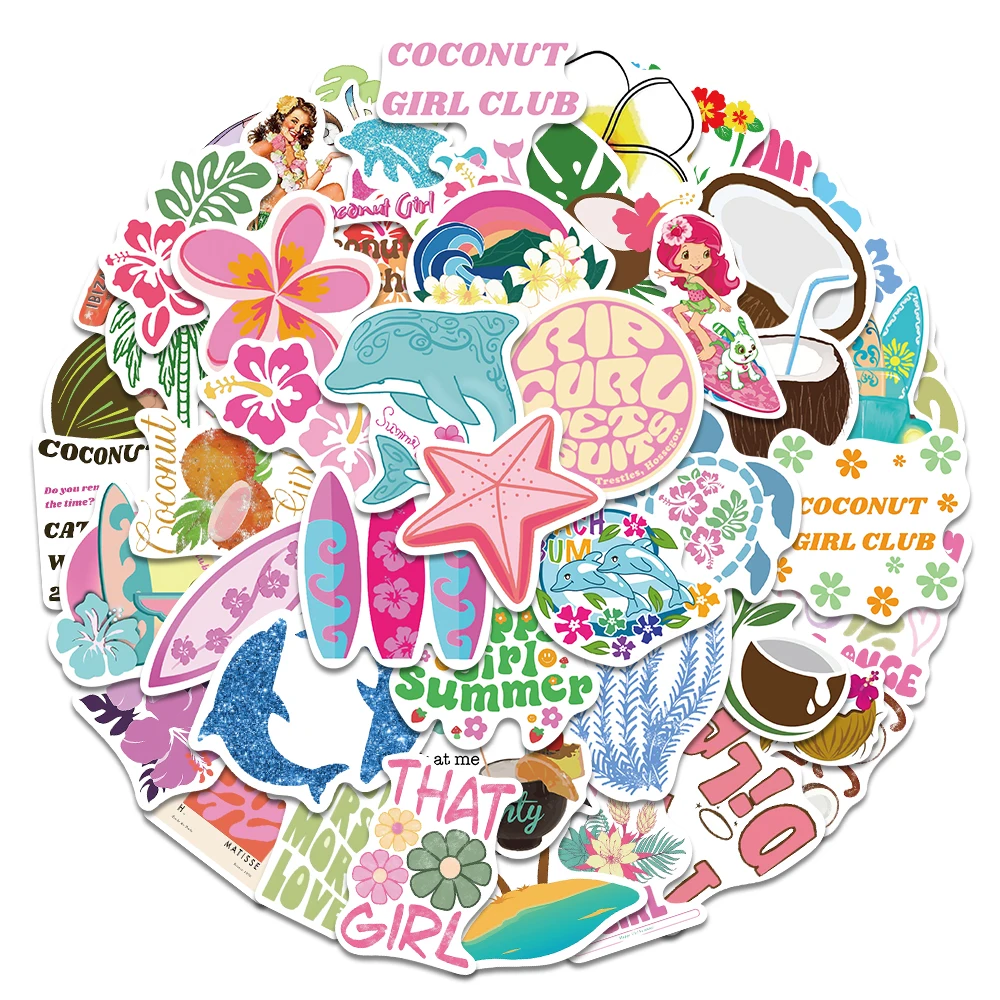 50pcs Summer Coconut Girl Stickers for Waterproof Decal Laptop Motorcycle Luggage Snowboard Fridge Phone Car Sticker Kids Toys