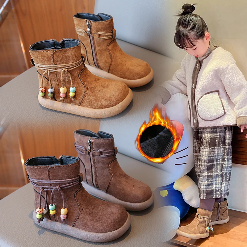 

2025 New Children's Fashion Retro Boots Winter New Beading Girls Ankle Boots Round-toe Thick Bottom Kids Causal Princess Boots