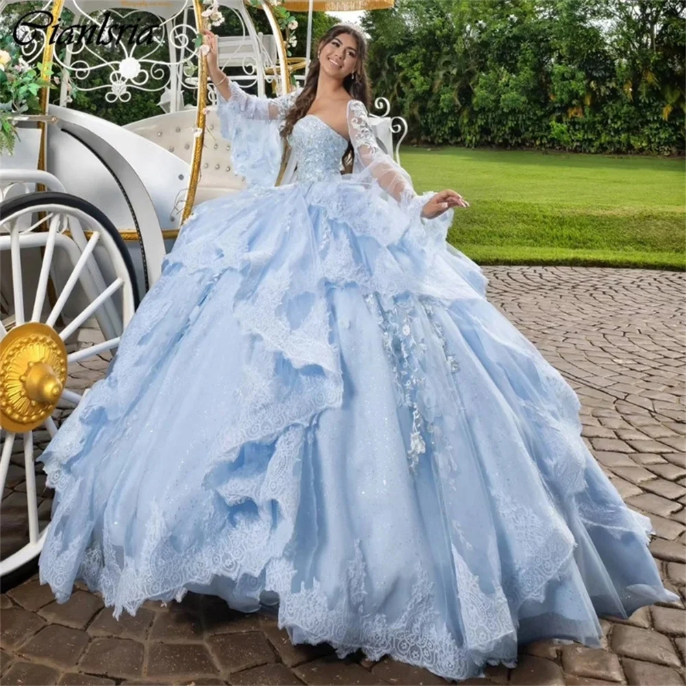 Charmante Lichtblauwe Liefje Ruches Baljurk Van De Schouder Appliqueert Kanten Quinceanera Jurken Kralen Vestidos De 15