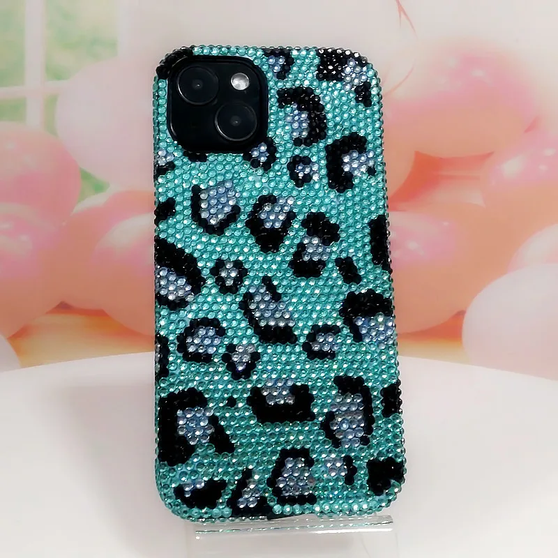 Luxury Glitter Phone Case Bedazzled Green Leopard Print iPhone 16 Protect Cover Hand-applied Rhinestone Mobile Case Mosaic Gift