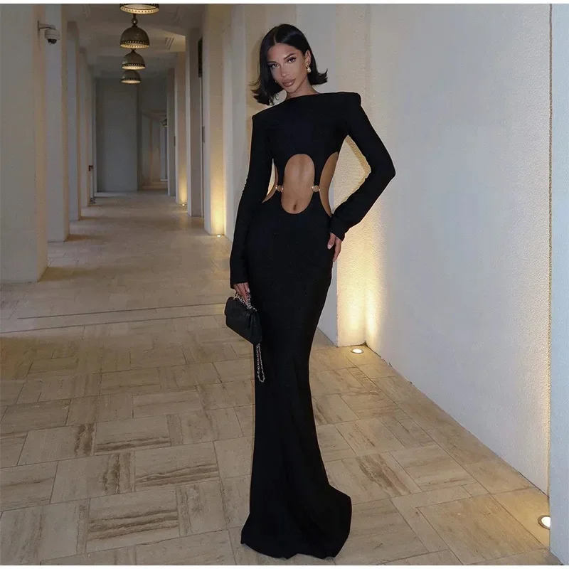 Hollow Metal Ring Round Neck Maxi Dresses Women Sexy Slim Solid Long Sleeved Shoulder Pad Vestidos 2024 Lady Evening Party Robes