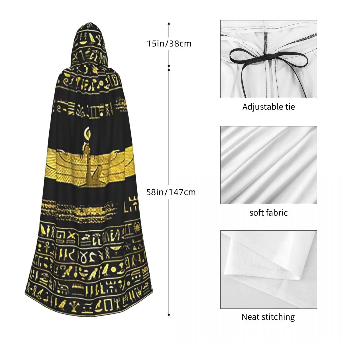 Golden Egyptian God Ornament On Black Leather Long Hooded Cloak Witch Medieval Costume Cosplay Cape HalloweenCoat Adult Unisex - Image 5