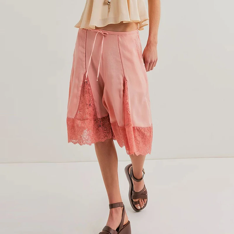 Chic Women Lace Patchwork Solid Color Shorts Drawstring Waist Loose Wide Leg Knee Length Shorts Summer Boho Casual Ladies Bottom