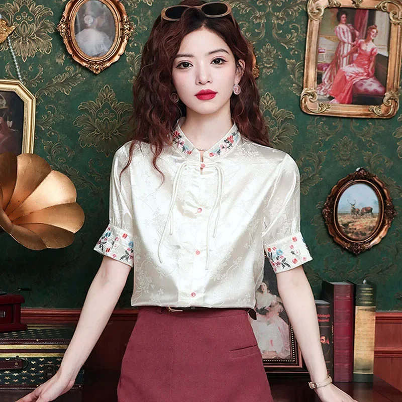 Summer Short Sleeve Women Shirt Blouse Tops Embroidery White Chiffon Shirt Women Shirts Blusas Mujer De Moda 2024 Verano H589