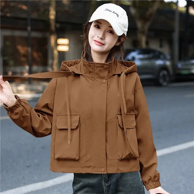 

Little Jacket Women's Spring Autumn 2025 New Short Coat Windbreaker Casual Loose Tooling Outerwear Hooded Female Outcoat Tops