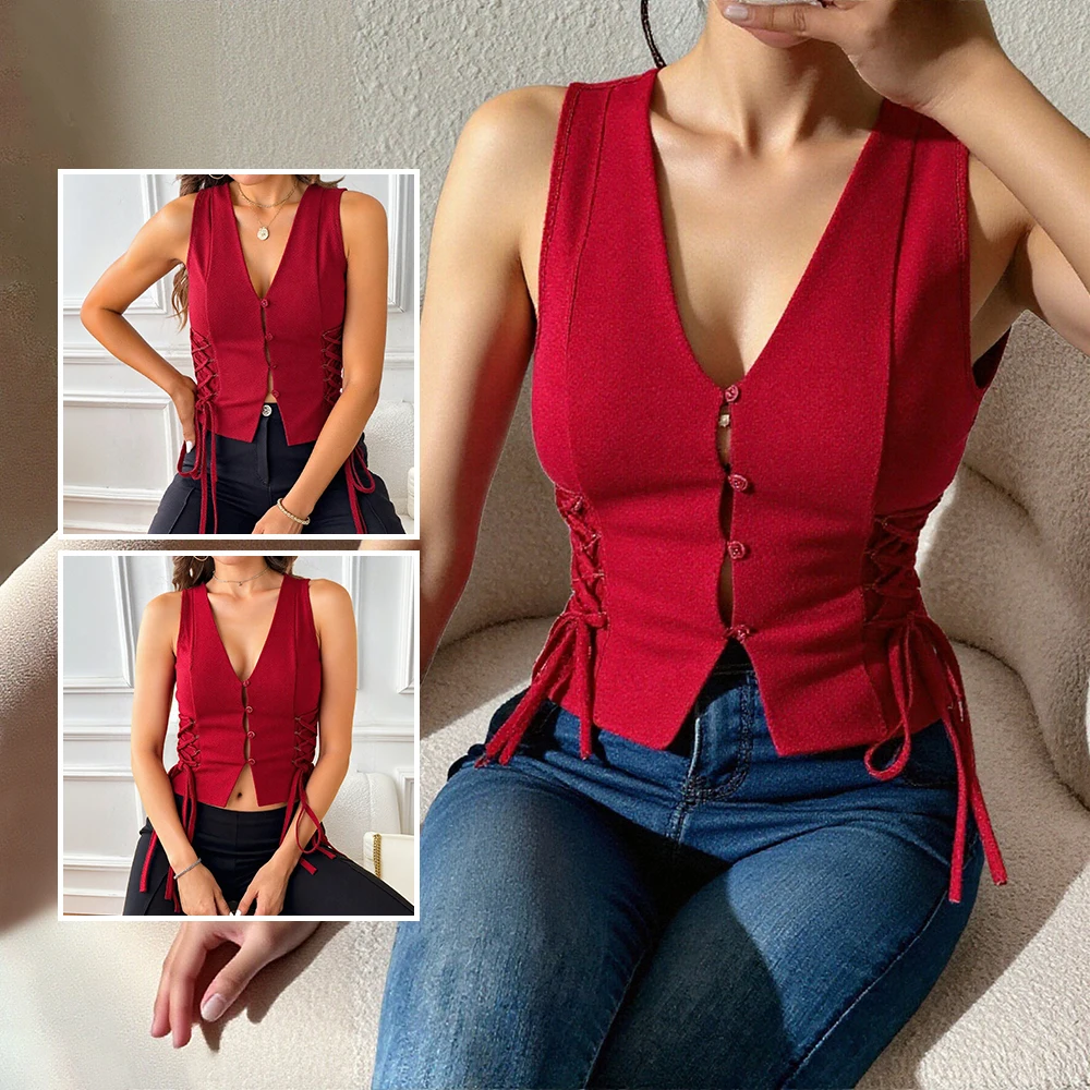 

Женский весенний жилет на бретелях, тренд 2025, осенняя французская уличная одежда, ковбойский однобортный топ без рукавов на шнуровке с v-образным вырезом