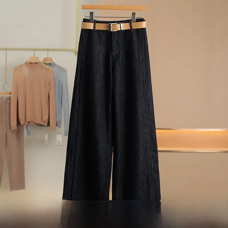 

High Waist Wide Leg Denim Jeans Deep Color with Sticky Fiber Spring New Women's Clothing Casual Style Loose Fit Chinese Produ...