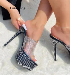 Linamong Crystals PVC Thin Heel Slippers Bling Bling Peep Toe Transparent Rhinestones High Platform Stiletto Heel Sandals