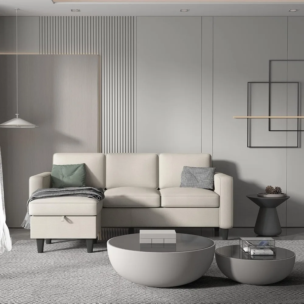 أريكة مقطعية حديثة من الكتان مكونة من 3 مقاعد على شكل حرف L مع مسند تخزين لغرفة المعيشة #4