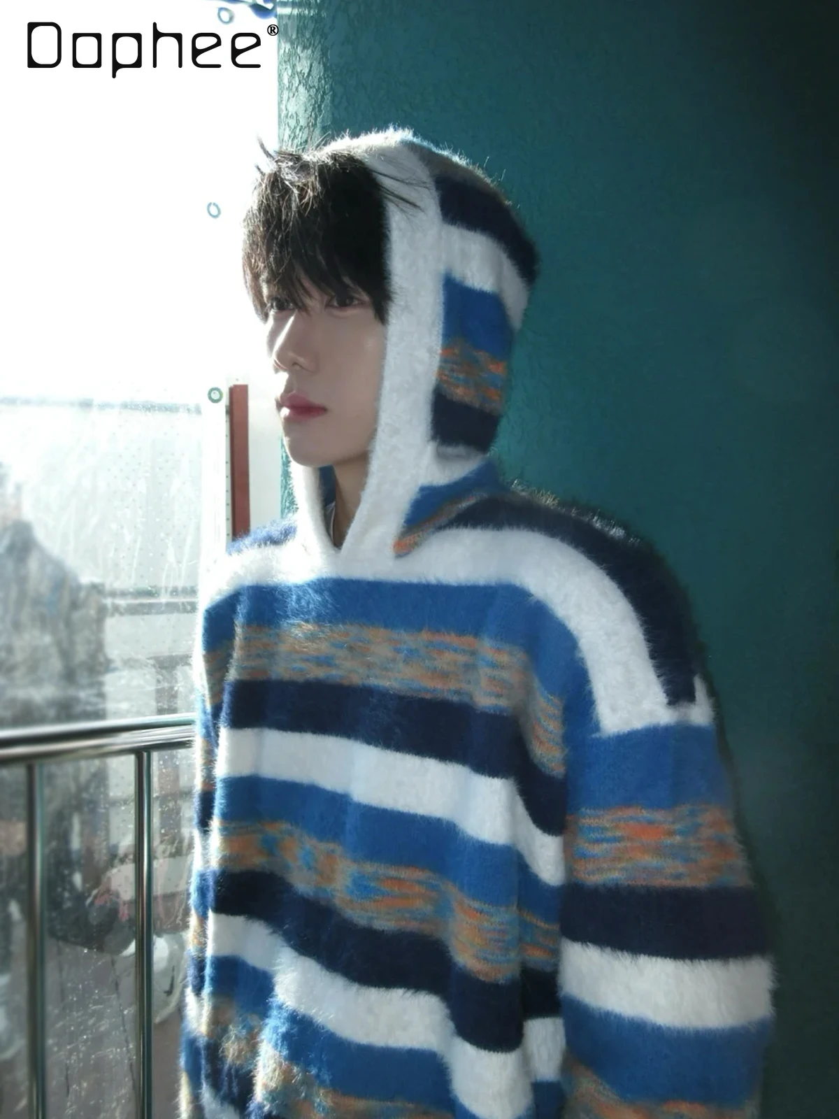 

Осень-зима, мужской свитер с капюшоном в американском стиле ретро в сине-белую полоску, красный и белый цветной блок, повседневный трикотаж