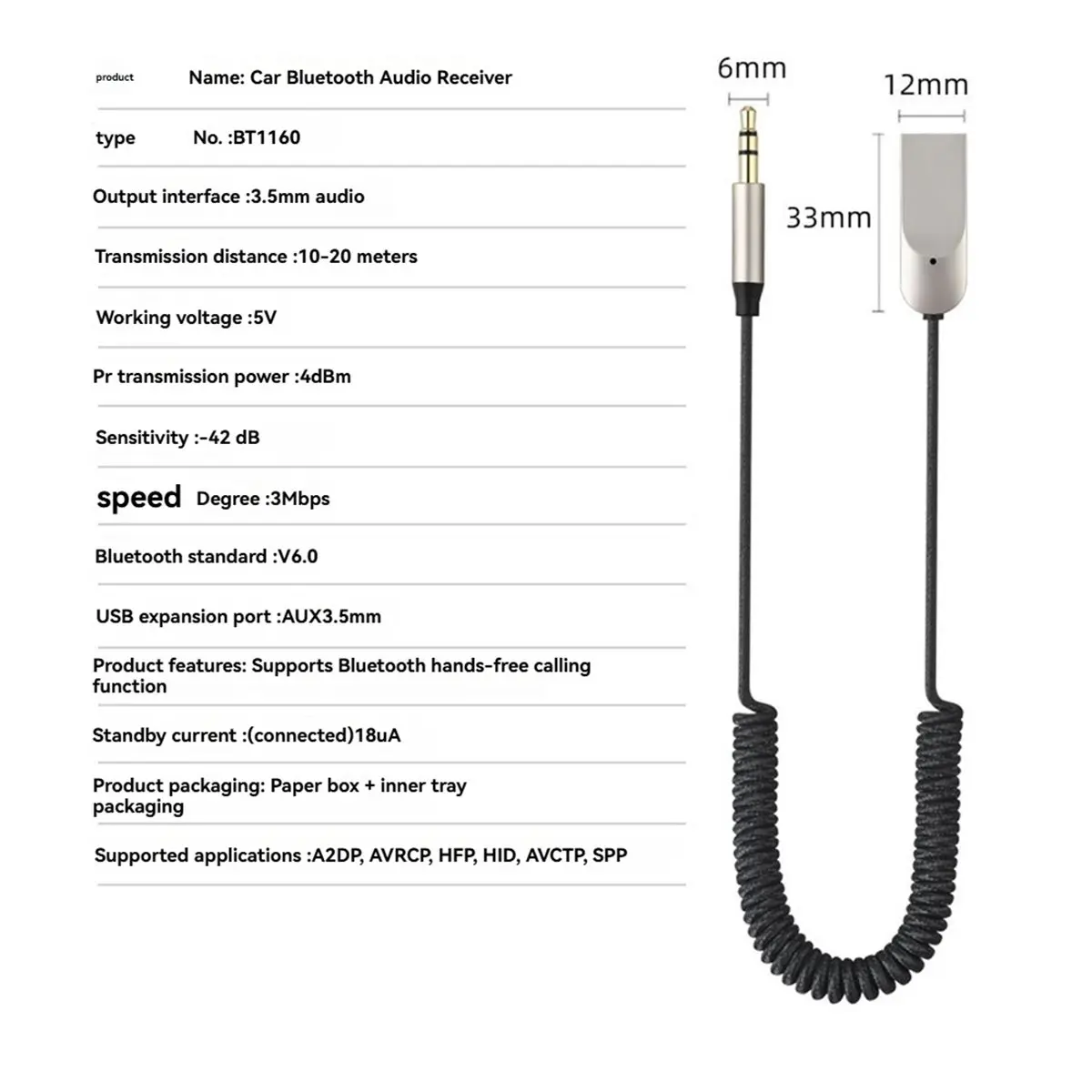 T40C Tools-Car Bluetooth 6.0 Audio Receiver 3.5mm Wireless Audio Adapter Isolation Chip Built-in Mic Supports BT Hands-Free Call