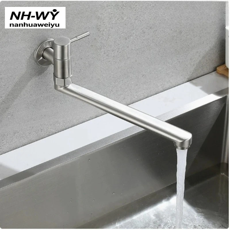 304 Stainless Steel Wall Mount Single Cold Tap With Long Spout Quick Open Faucet Kitchen Stove Mop Tub Laundry Basin Fixture