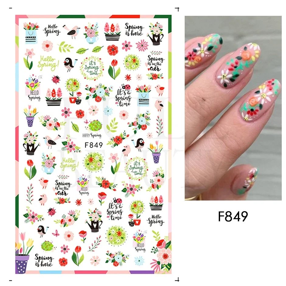 3D Spring Watercolor Nail Sticker Purple Flower Leaf Slider Nail Art Decoration GLF850