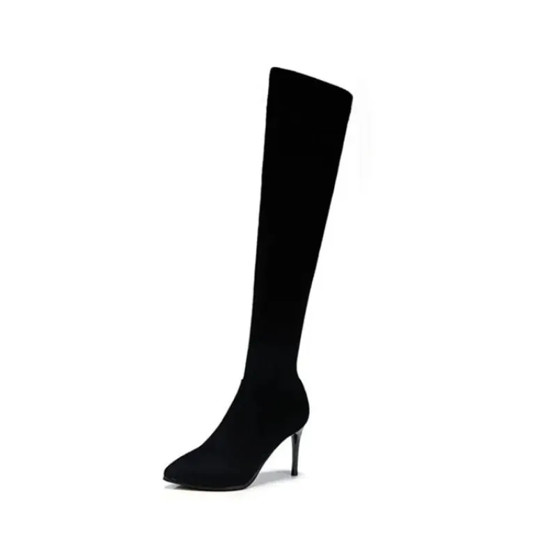 Botas altas hasta el muslo para mujer, con punta afilada, tacón fino y diseño elástico tipo calcetín, elegantes botas largas de ante negro para eventos nocturnos.