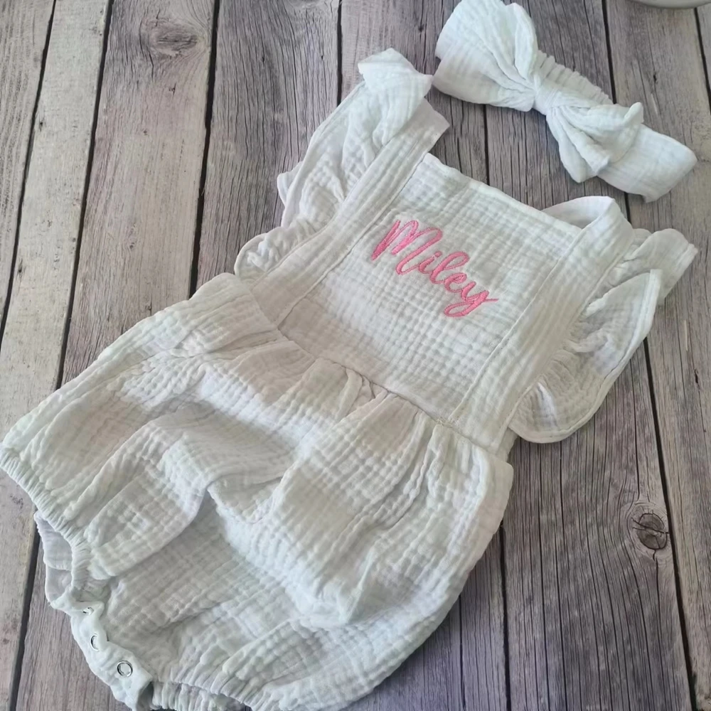 Newborn Photography Props Personalized Baby Girl Muslin Romper with Ruffle Shoulders Custom Name Embroidery Bow Headband