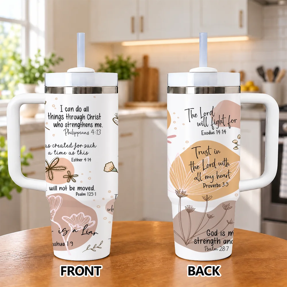 Boho Bible Verse Vacuum Flasks 40oz Insulated Stainless Steel Tumbler with Handle & Straw, Hot Cold Gift Cup