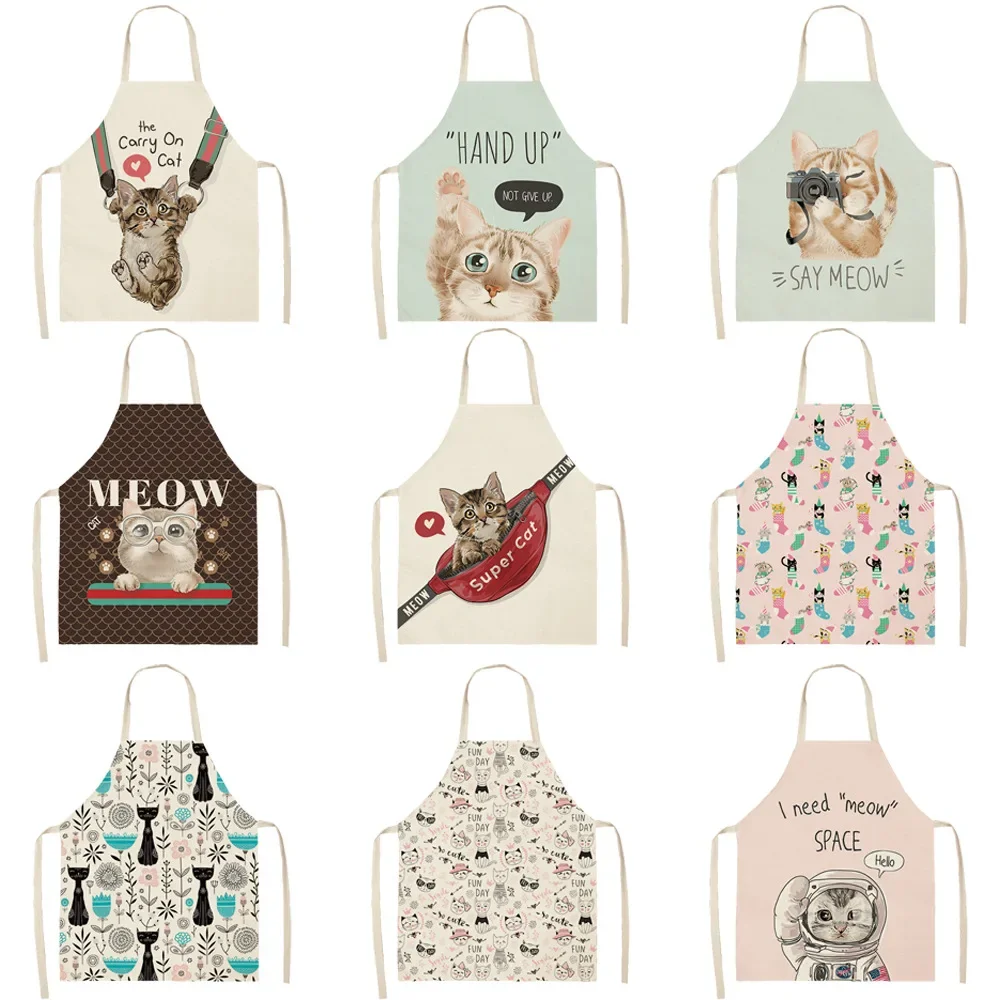 1pcs Linen Hand drawn cute cat theme Print Kitchen Aprons Unisex Dinner Party Cooking Bib Funny Pinafore Cleaning Apron