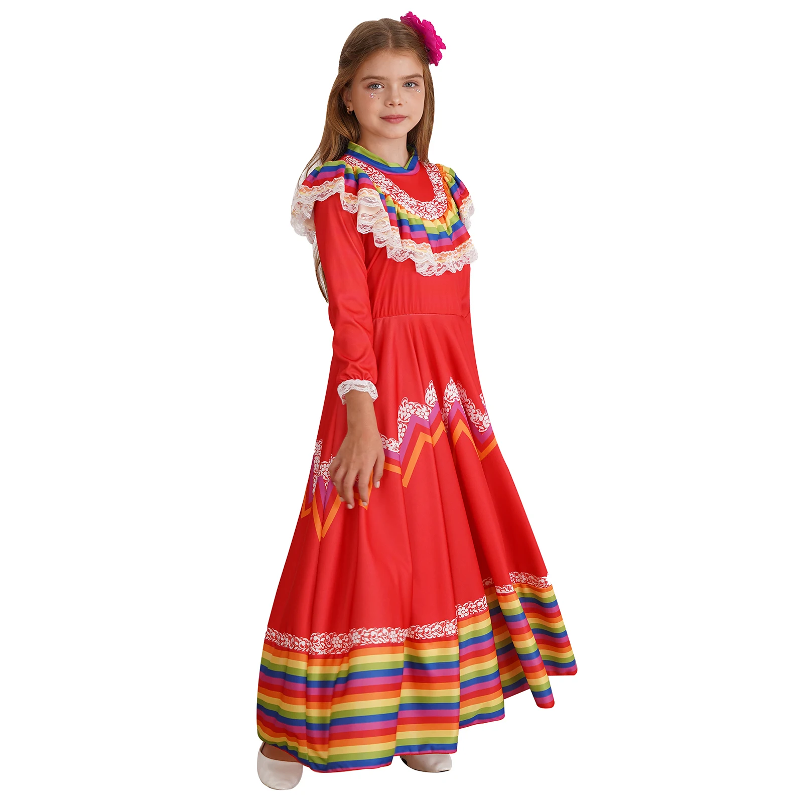 Traditionelles mexikanisches Folk-Kleid für Mädchen, mexikanisches Festival, Feier, langes, breites Swing-Kostüm, Halloween-Karnevalskostüme