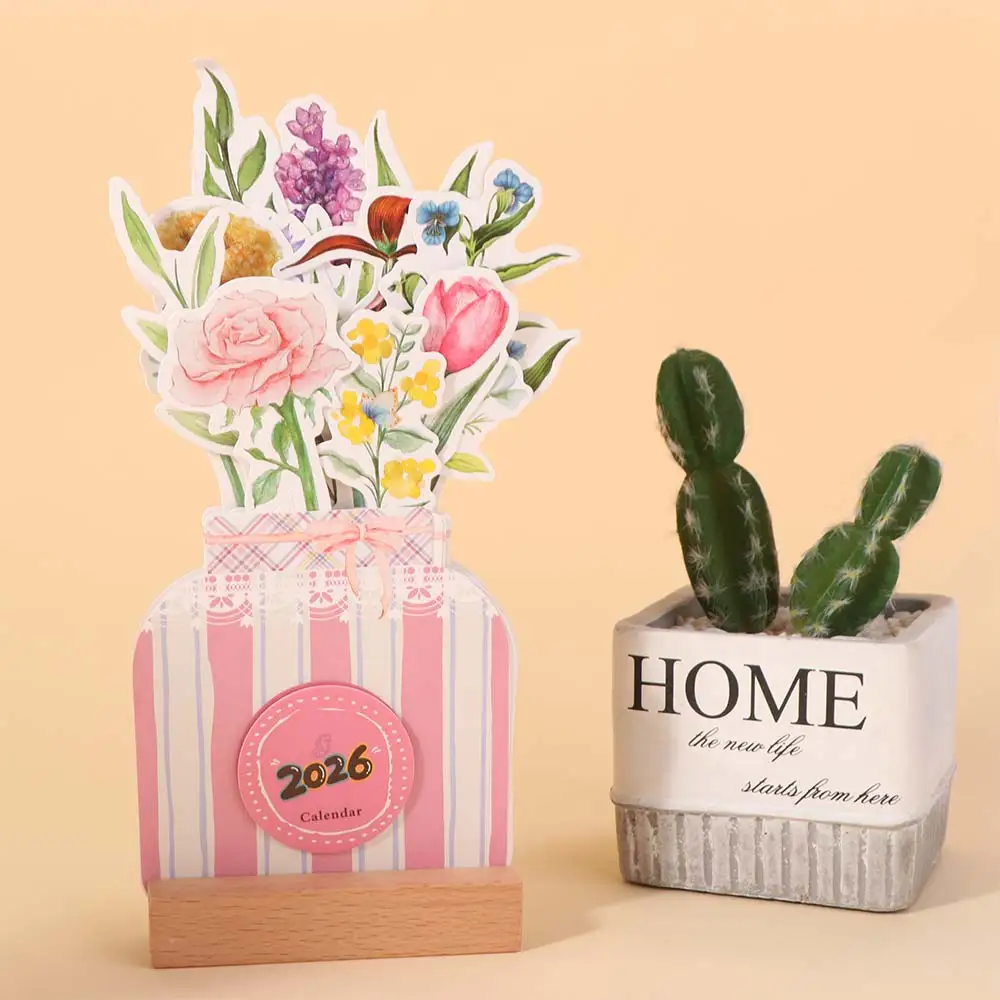 Wooden Stand Flowers Desk Calendar Paper Craft Traditional Mini Desk Calendar Card Insert Standing Desk Calendar New Year