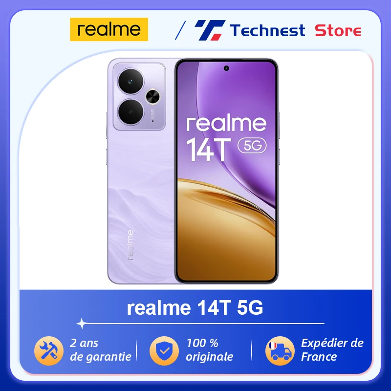 Version mondiale realme 14T 5G Smartphone MTK Dimensity 6300 6.67 "écran AOLED 6000mAh batterie suivant AI IP69 résistance à l'eau