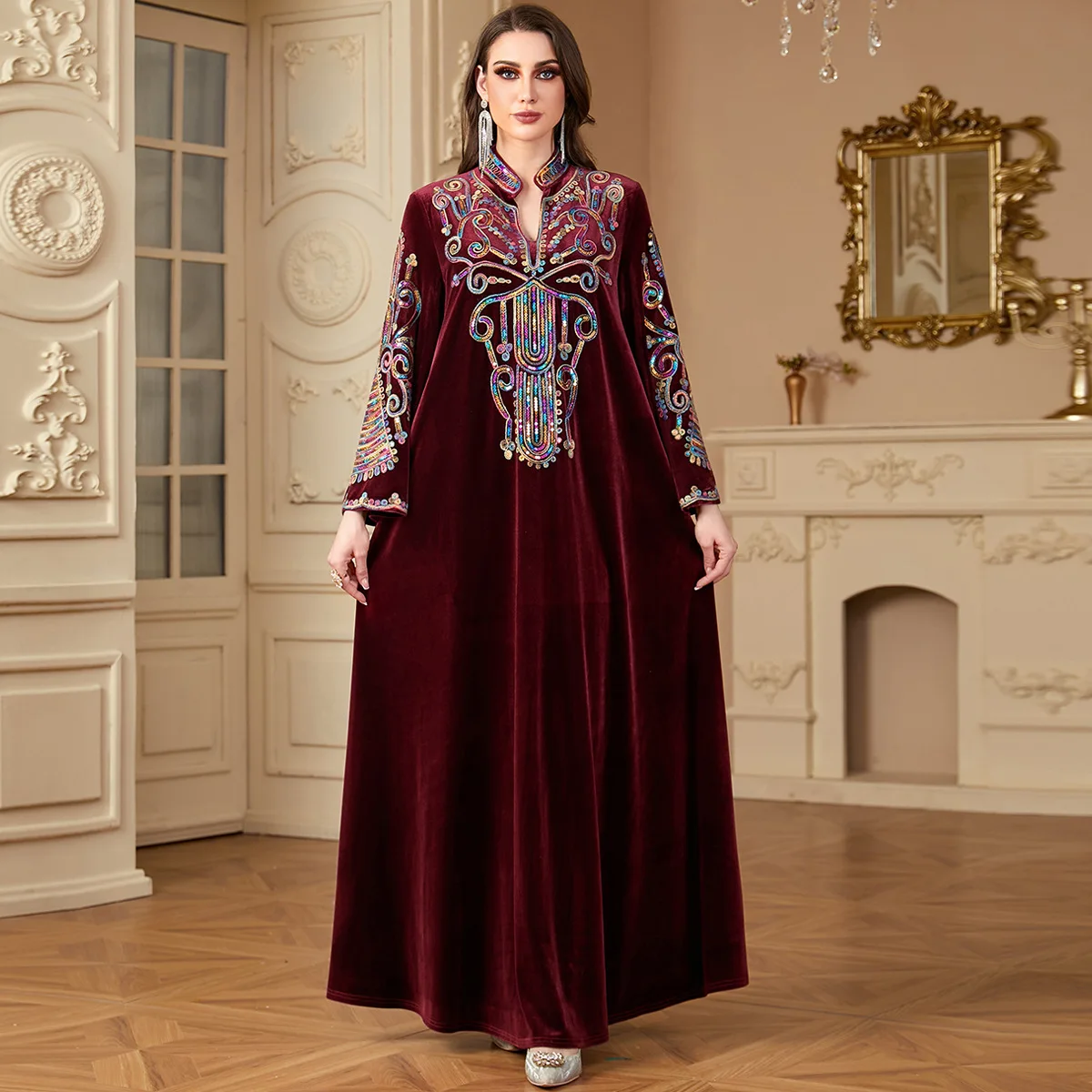 2024 Autumn Winter Embroidery Women Long Dress Velvet Muslim Arabic Luxury Dubai Abaya Islam Party Evening Gown Jalabiya Kaftan