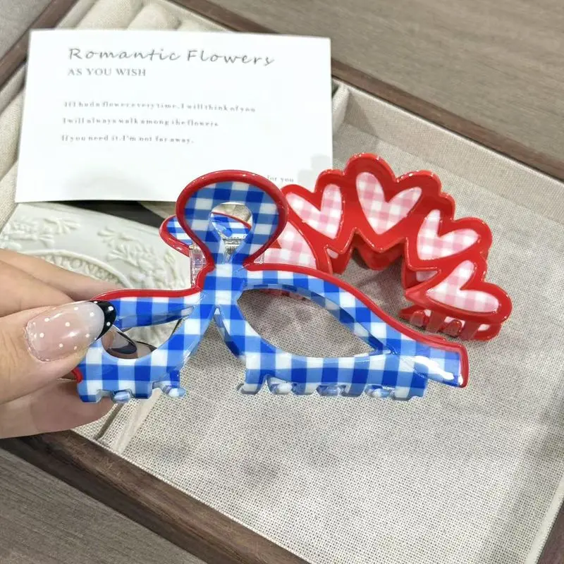 1PC Spring Summer Cream Grid Pattern Grip Clip Countryside Bow Love Hair Clip Korean Fashion Shark Clip