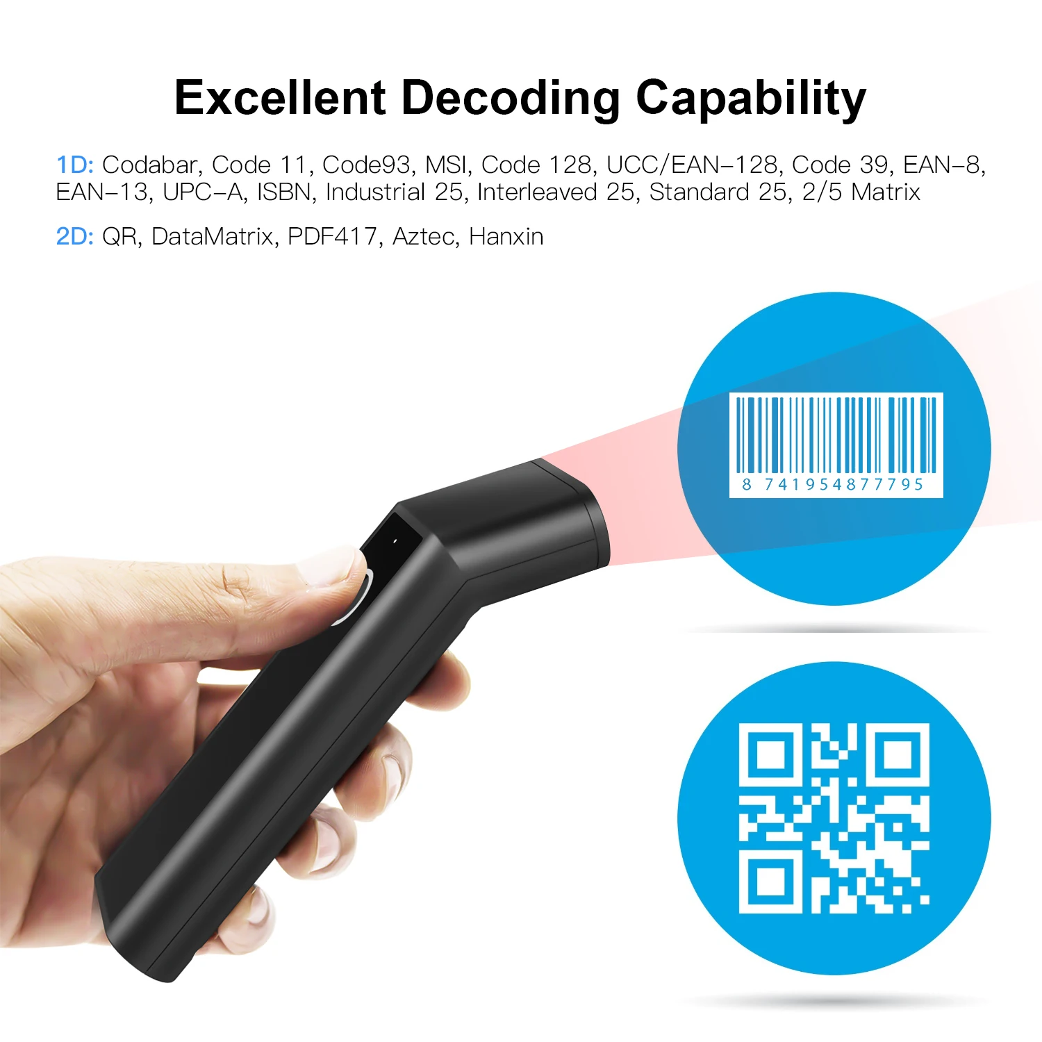 3-in-1 Barcode Scanner Handheld 1D/2D/QR Bar Code Reader Support BT & 2.4G Wireless and USB Wired Warehouse Mobile Payment