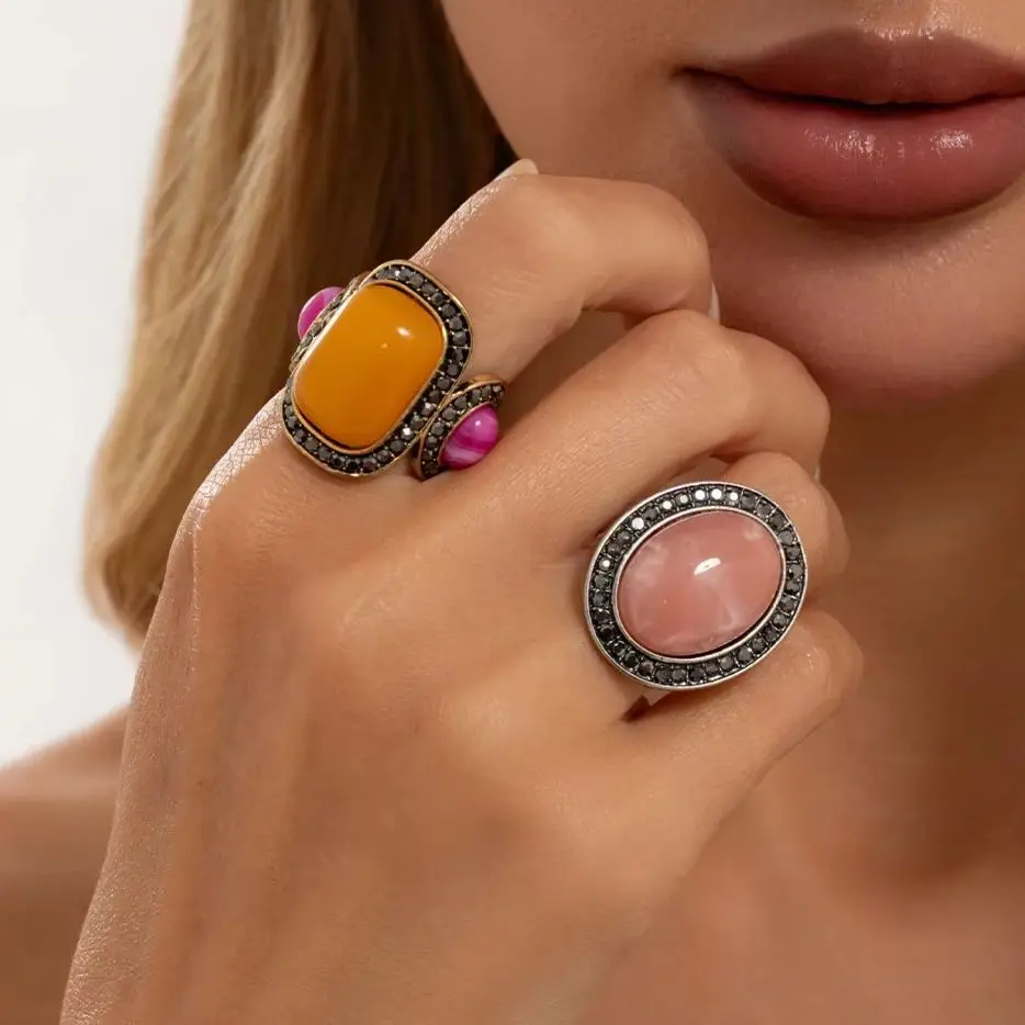 SHIXIN 2 Pcs/Set Vintage Resin Geometric Oval Stone Rings Women Hip Hop Elegant Inlay Rhinestone Adjustable Finger Ring Jewelry