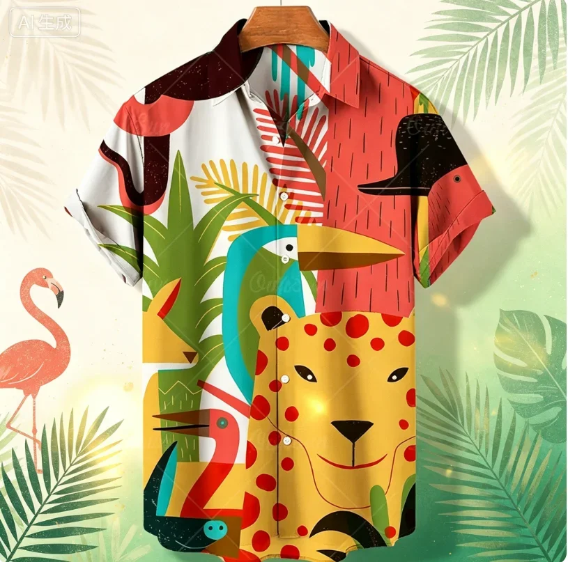 Hawaiian Animal Pattern Retro Casual T-shirt for Men 3D Printed Leopard Tiger Short Sleeved Shirt Holiday Party Street Top