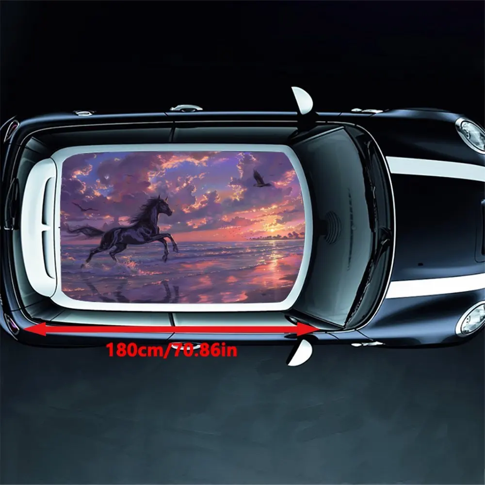 صورة ظلية للحصان الحالم: رسومات ركوبية مروحة مجانية بين أمواج البحر وأغطية فينيل السيارة المتوهجة المسائية، سيارة فينيل #2