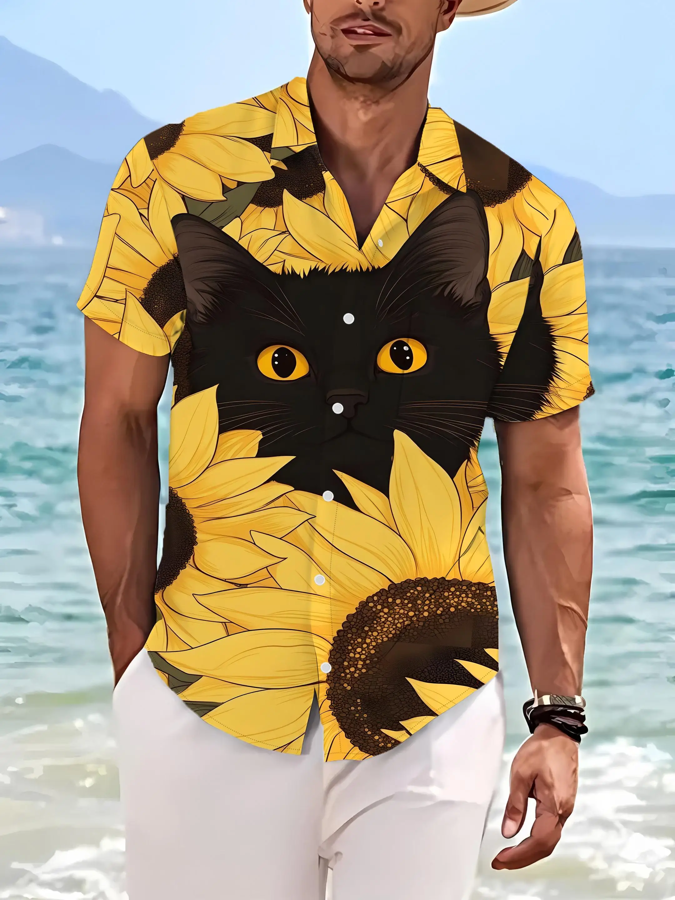 Kemeja Pria Motif Kucing Hitam - Summer Vacation Clothing Men ulasan dan harga