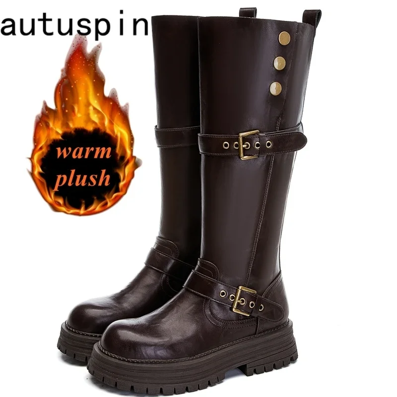 AUTUSPIN Retro Ridder Lange Laarzen Vrouwen Winter PU Leer Ronde Neus Schoenen Street Style Dames Tij Metalen Knop Warme Pluche Laarzen