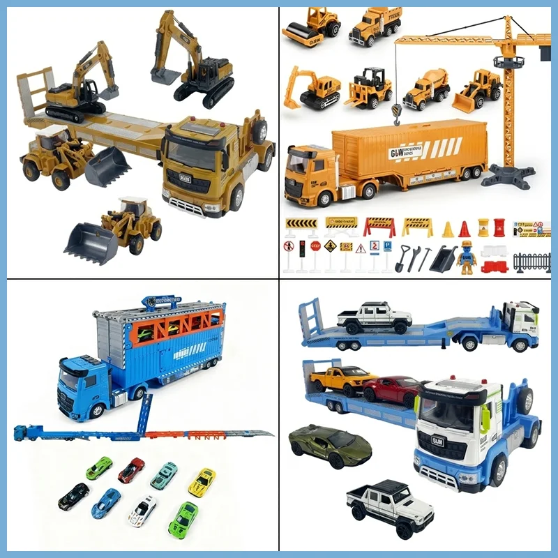 

Large Transporter Truck Carrier Toy Alloy Diecast Construction Vehicle Excavator Crane Engineering Car Set Boys Gift