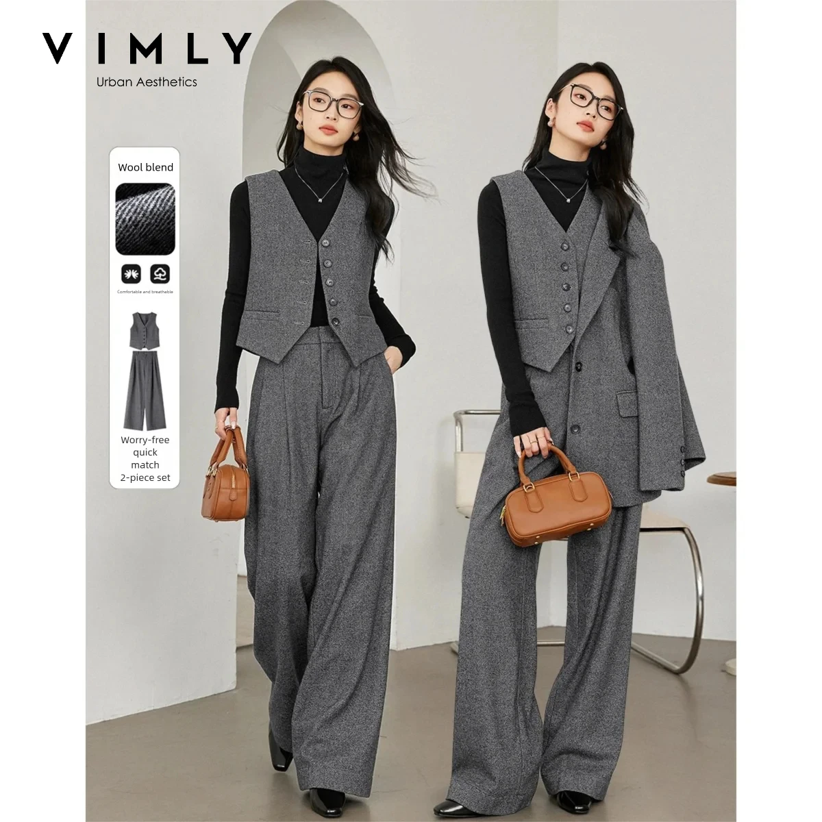 VIMLY Dark Grey Old Money Style Pant Set Women 2026 Fall Winter New Office Lady Casual Elegant Two-piece Set Ladies M9252