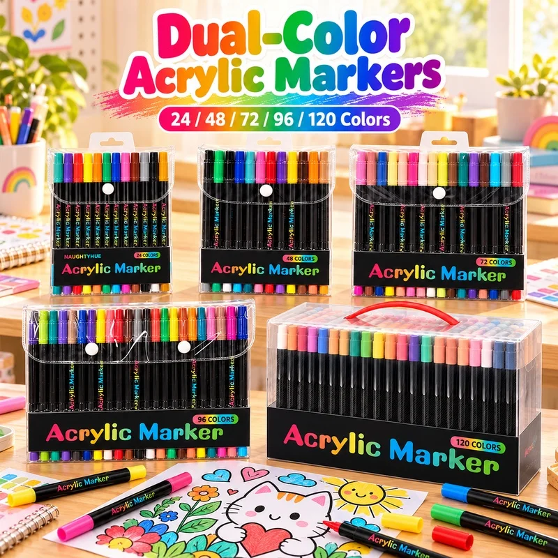 Dual Tip Acrylic Paint Markers 24/48/72/96/120 Colors Double Ended Art Pens for DIY Drawing Coloring Crafts