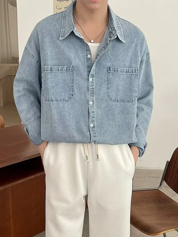 Men's Original Design Loose Jeans Shirt Autumn Casual Style Long Sleeve Casual Fit Classic Collar Button down Everyday Shirt