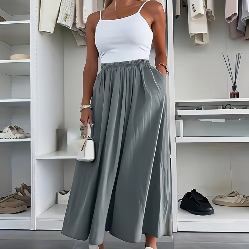 Women's Casual Solid Color A-Line Skirt 2025 Spring Elastic Waist Pocket Loose Long Skirt Summer Streetwear Bohemian Skirt Mujer