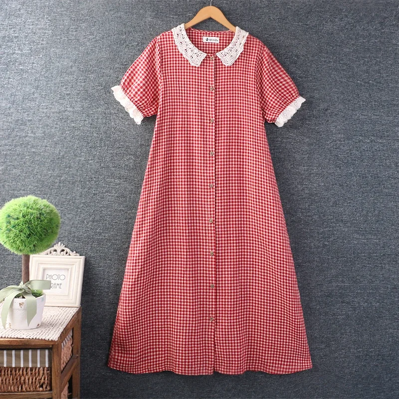 

Summer Japan Style Mori Girl Plaid Peter Pan Collar Cotton Linen Dress Women Short Sleeve Vintage Casual Loose Dresses Red Black