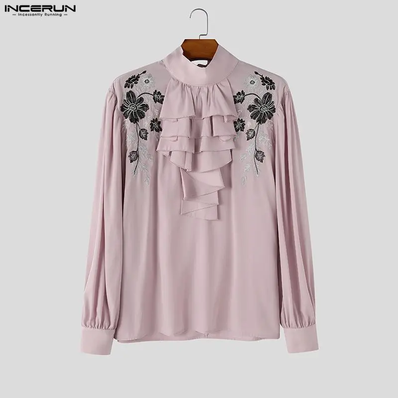 INCERUN Men's Shirt Embroidery Vintage Ruffle Puff Long Sleeve Casual Menswear Clothing Streetwear Elegant Tops For Man Camisas