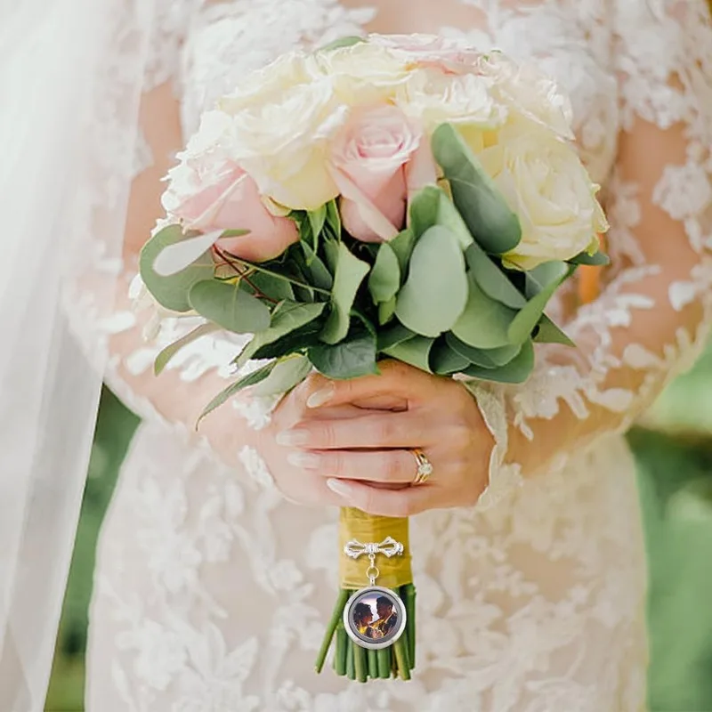 2Pcs Bowknot Bouquet Photo Locket Charms Alloy Bridal Brooches Bow Tie Wedding Memorial Brooches Pins Alloy Glass Photo