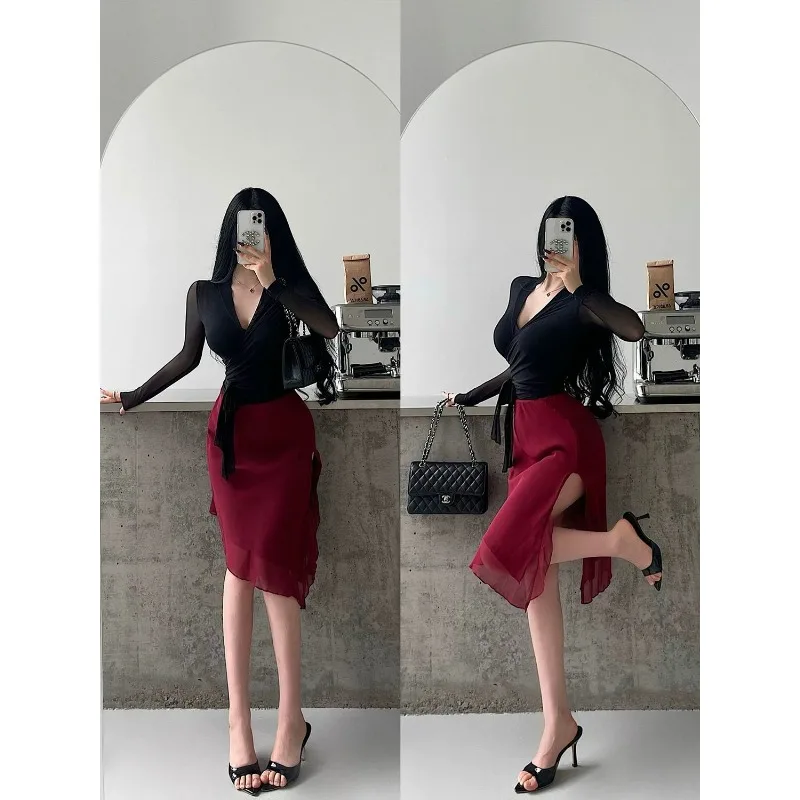 

Strapped Cross V-neck Long-sleeved T-shirt for Women Spring and Autumn Solid Color Pullover Top