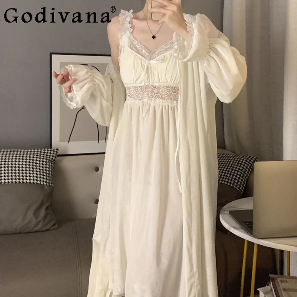 

Sweet Princess Pajama Set Loose White Nightdress Ladie's Nightwear Nightshirt Elegant Delicate Sleepwear