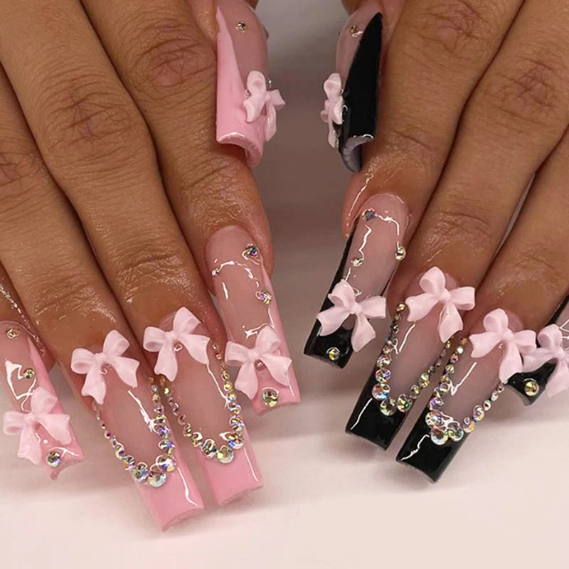 

24 шт., накладные ногти во французском стиле, 3D розовый дизайн с бантом, короткие квадратные накладные ногти, милые крутые корейские модные накладные ногти