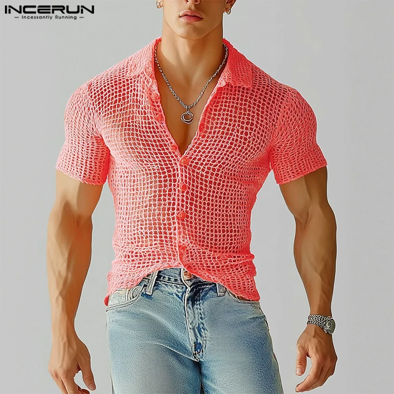 

INCERUN Men Shirt Hollow Out Mesh See Through Lapel Short Sleeve Sexy Summer Male Shirts Streetwear 2025 Fashion Unisex Tops