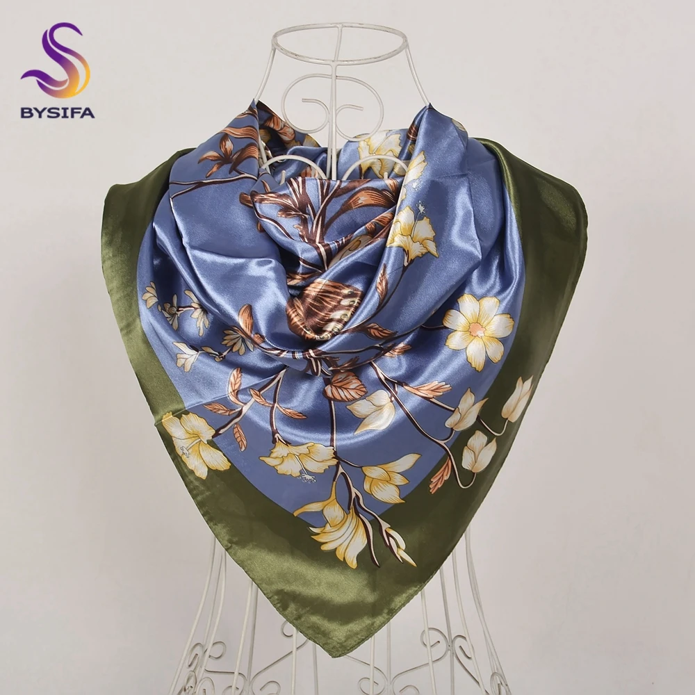 BYSIFA| Fall Winter Elegant Floral Design Scarves Shawls New Green Orange Square Silk Scarf 90*90cm Women Neck Head Scarf Hijab